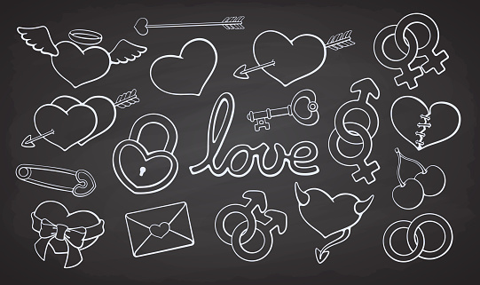 Collection of Hearts and Love Symbols. Valentines Day doodle Set. Vector Illustration. Hand drawn Outline Clip Art. Chalk Style Design Element Isolated on Chalkboard Background