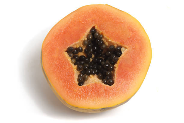 istock Half cut sliced fresh organic papaya delicious fruit top view isolated on white background clipping path 1941145519
