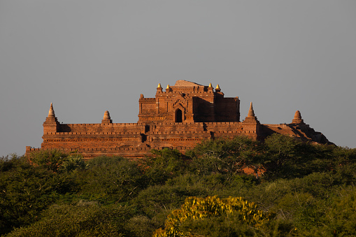 Sunset over one of the huge orange temples of Bagan, in Myanmar, submerged in the plain, surrounded by trees and plants