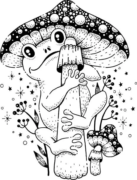 Vector illustration of Cute frog leap on mushroom stalk. Vintage poster, tattoo print with hand drawn toad character on amanita. Concept of autumn forest, witch magic, alchemy, vector sketch illustration