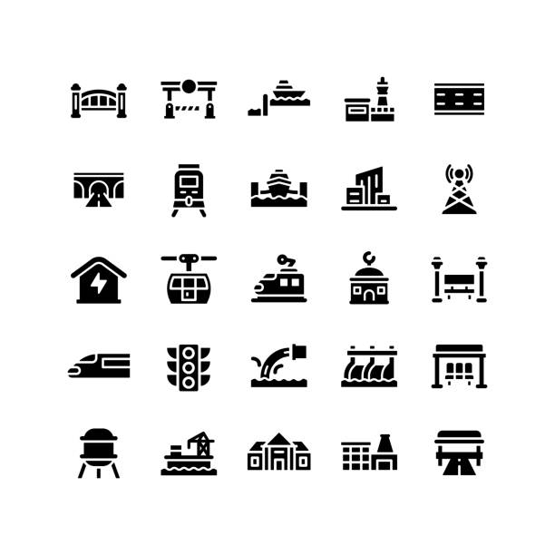 글리프 채우기 인프��라 아이콘 세트 - cable stayed stock illustrations