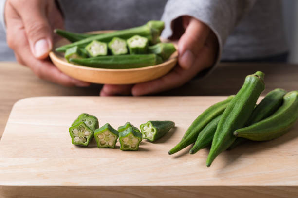 Green okra prepare for cooking, Organic vegetables