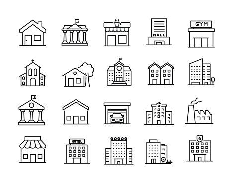 Building simple minimal thin line icons. Related skyscrapers, church, museum, school. Editable stroke. Vector illustration.