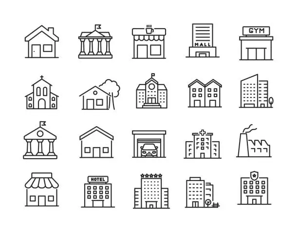 Vector illustration of Building simple minimal thin line icons. Related skyscrapers, church, museum, school. Editable stroke. Vector illustration.