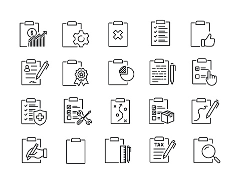 Clipboard simple minimal thin line icons. Related checklist, approved, survey, report. Editable stroke. Vector illustration.