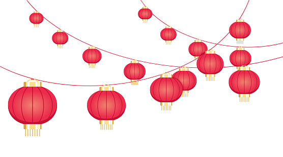 Hanging Chinese New Year Lanterns Vector Illustration, Lunar New Year and Mid-Autumn Festival Graphic