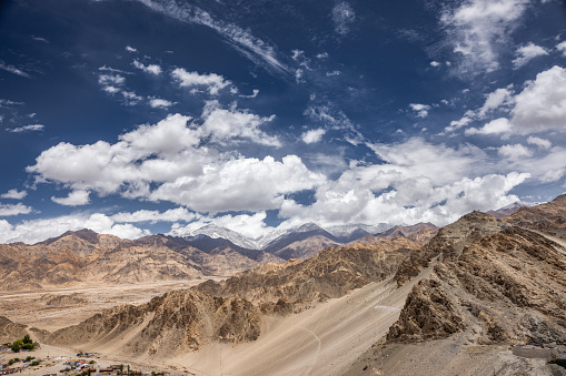 Mountain peaks of Leh, greater Himalayas. View from the Thiksey monastery.