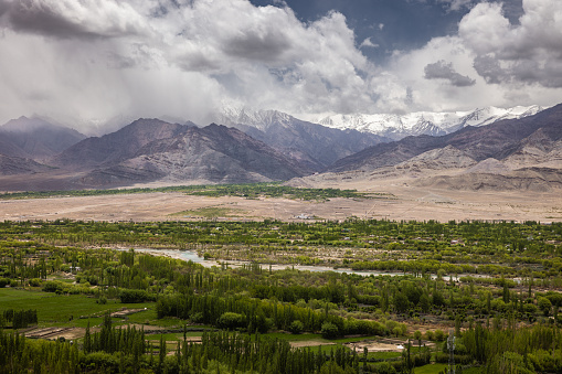 View of Leh valley from Thiksey monastery, greater Himalayas