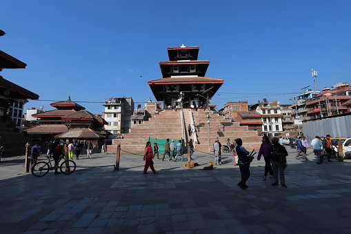 Durbar Square, Kathmandu, Nepal. Taken November 29, 2023. Shows a temple in Kathmandu Durbar square. It was rebuilt after the earthquake in 2015 that took down most of the templates in this area.