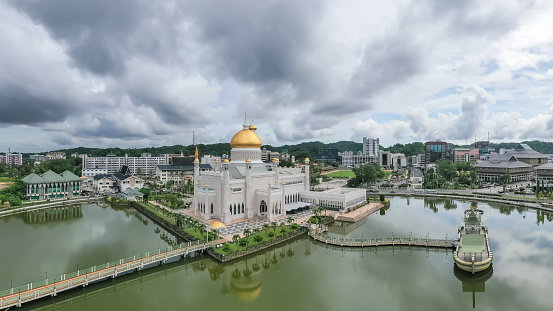 aerial view of mosque Sultan Omar Ali Saifuddin Mosque and royal barge at Brunei Darussalam