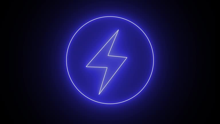 Glowing neon blue color battery charging power symbol . Lightning bolt sign in the circle. Glowing neon and vector illustration.