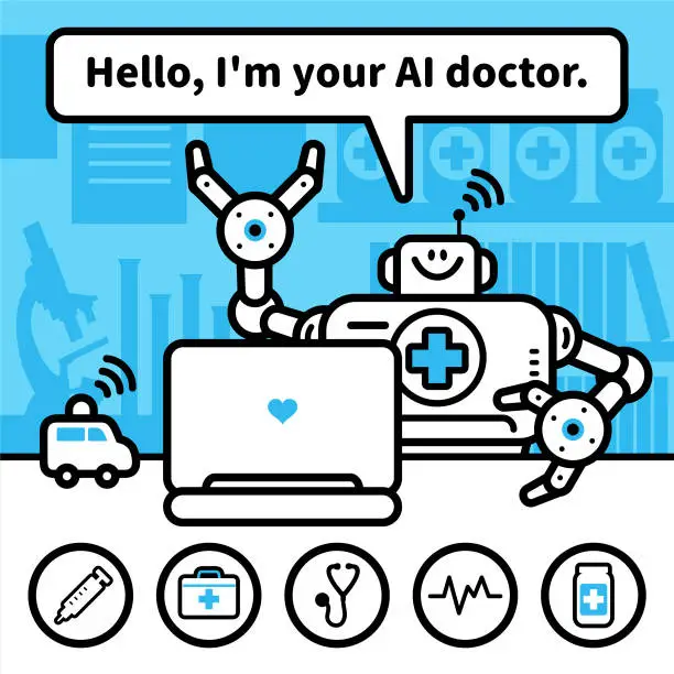 Vector illustration of An Artificial Intelligence Robot Doctor sits in the office, uses a laptop, and provides various medical consultation services, Accessible Healthcare Anytime, Anywhere