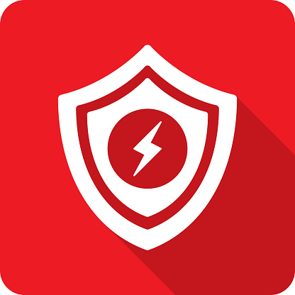 Vector illustration of a shield with lightning bolt icon against a red background in flat style.