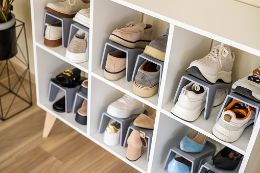 Shoes contemporary storage at home cupboard with shelves cozy room with potted plant interior. Rack closet with many footwear neatly arrangement fashion footgear wardrobe household clean organizer