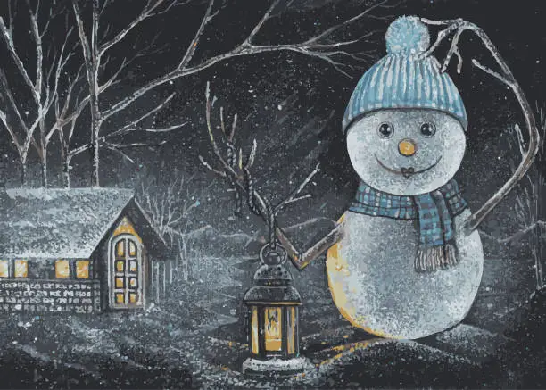 Vector illustration of Surreal art snowman in the night winter.