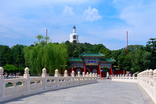 The White Pagoda, Archway, and Bridge of Beihai Park in Beijing, China