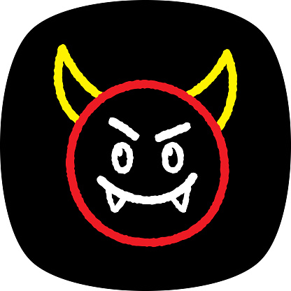 Vector illustration of a chalk styled, hand drawn devil emoji face against a black background.