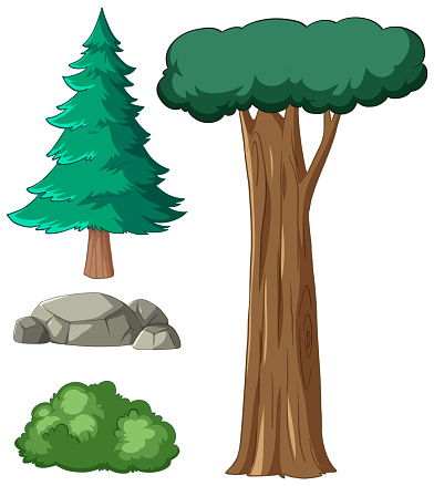 Cartoon trees, bush, and rocks on white background