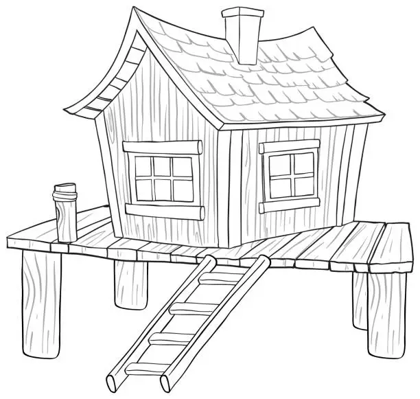 Vector illustration of Sketch of a quaint cabin on stilts with ladder