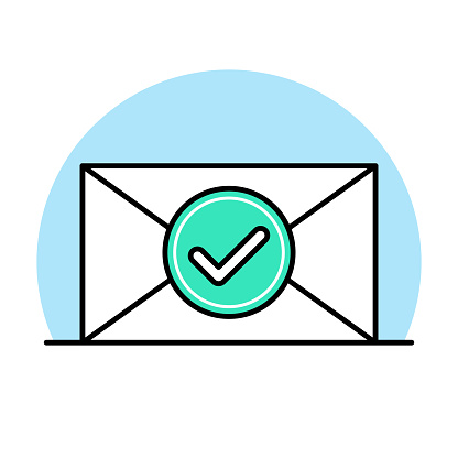 Vector illustration of an envelope with checkmark against a white background in line art style.