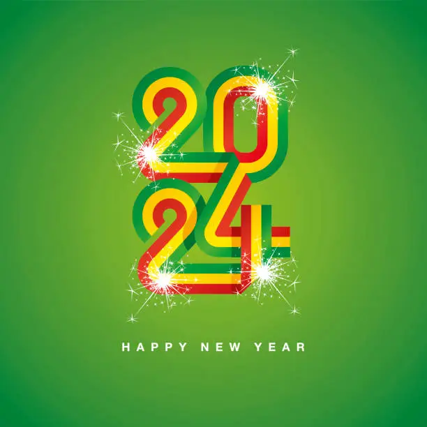 Vector illustration of 2024 New Year continuous Bolivia ribbon. Abstract red yellow green flag of Bolivia in the shape of 2024 logo with sparkle firework. New Year concept template