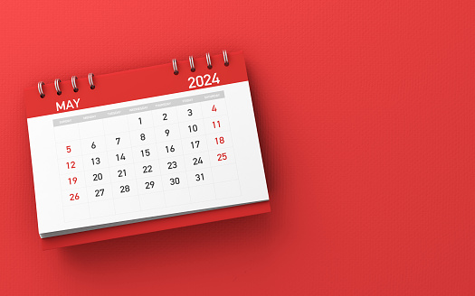3d rendering 2023 May Desk Calendar on Red Background stock photo