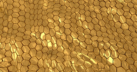 Abstract energy metal gold shiny cells hexagons with waves background.