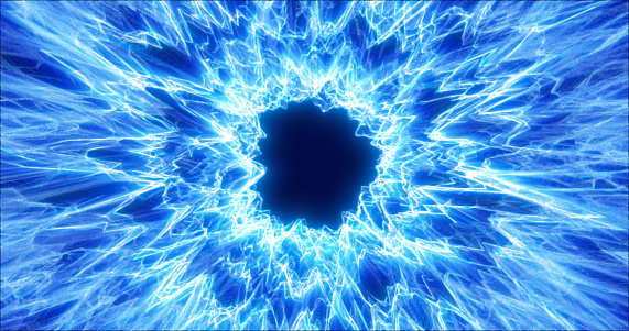 Abstract glowing light hi-tech energy blue electric tunnel frame of lines and particles tunnel futuristic, abstract background.