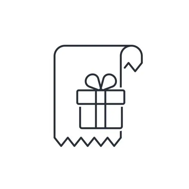 Vector illustration of Gift in check. Festive prize draw. The buyer win a gift.Vector linear icon isolated on white background.