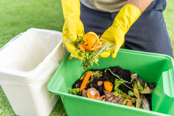 istock Ecology compost supply Kitchen waste recycling composter environmentally friendly. The young man throws leftover fruit peel egg shell and vegetables reduce waste 1941478307