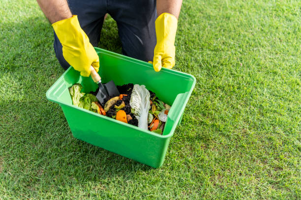 istock Ecology compost supply Kitchen waste recycling composter environmentally friendly. The young man throws leftover fruit peel egg shell and vegetables reduce waste 1941478816