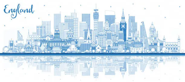 Vector illustration of Outline England city skyline with blue buildings and reflections. Concept with historic architecture. England cityscape with landmarks. Bristol. Leeds. Sheffield. London.