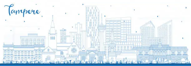 Vector illustration of Outline Tampere Finland city skyline with blue buildings. Tampere cityscape with landmarks. Business travel and tourism concept with modern and historic architecture.