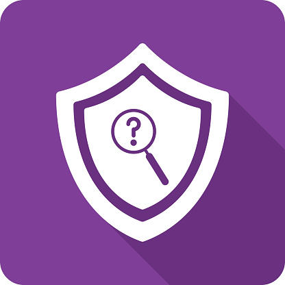 Vector illustration of a shield and magnifying glass with question mark icon against a purple background in flat style.