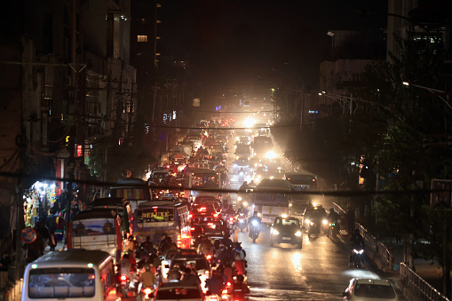 Kathmandu, Nepal - November 26 2023: the traffic jam in Kanti Path. one of main busy road in kathmandu