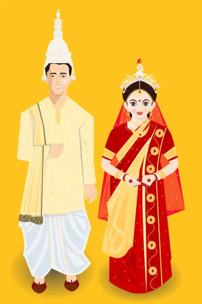 Vector illustration of Bengali Bliss: A Vector Portrait of Traditional Indian Bride and Groom in Splendid Matrimonial Attire