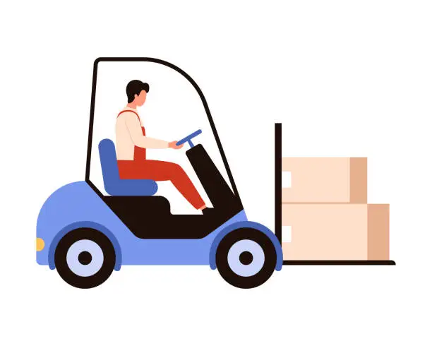 Vector illustration of Warehouse worker carrying cardboard boxes on forklift