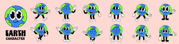 Vector illustration of Groovy earth mascot character. Earth day design. Trendy retro 70s sticker pack.