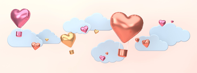 Heart Shaped Balloons On The Sky. Valentines Day Background