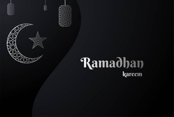Black Ramadan Kareem Vector Card with 3d Silver Crescent and Star for Muslim Holy Month Celebration Black Ramadan Kareem Vector Card with 3d Silver Crescent and Star for Muslim Holy Month Celebration allah the god islam cartoons stock illustrations