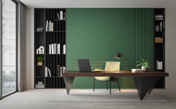 istock Working room modern style with wooden desk and green wall.3d rendering 1941587332