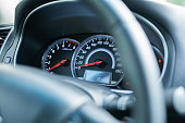 Close up of a speedometer in a modern car. Selective focus.