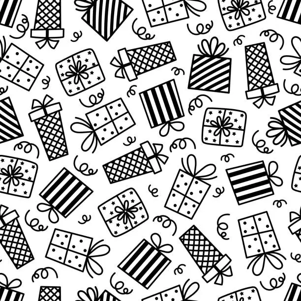 Vector illustration of Gift boxes seamless vector pattern. Containers with bow, ribbon, confetti. Black and white presents with polka dot, stripes, stars. Hand drawn doodle, line art. Funny background for party, birthday