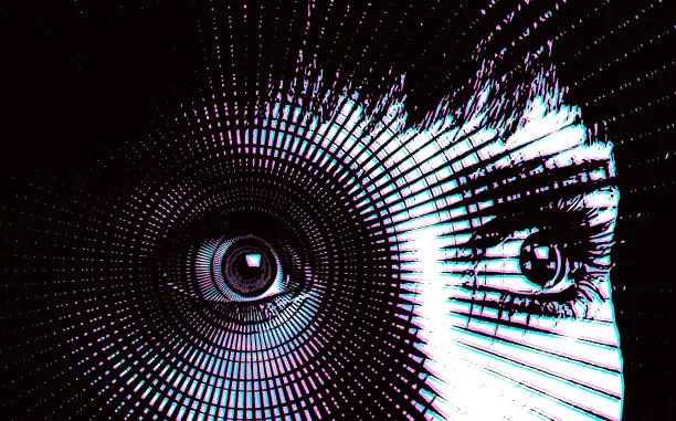 Vector illustration of Female eyes with terrified expression and Glitch Technique