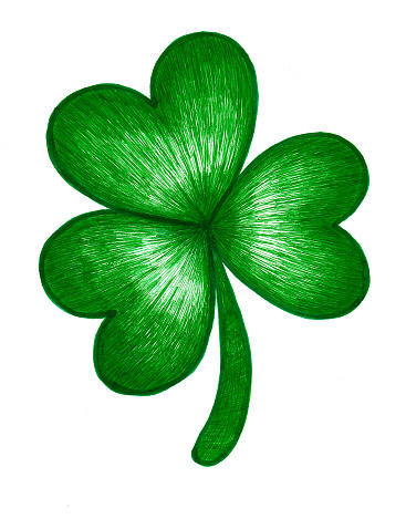Clover leaf isolated on white background. Trefoil. Realistic drawing. Green. Dark green outline. Fine strokes. Symbol of St. Patrick's Day.