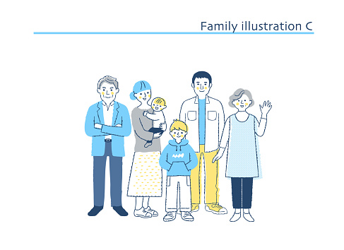 family, parent and child, grandparents, parents, children, multi-generation, whole body, Japanese, person, people