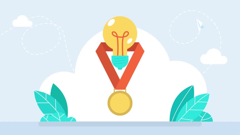 A winning idea. Success. Gold medal for the best idea. The highest award for creative thinking. Golden medal on a red ribbon. Light bulb as a symbol of thought. Successful concept. 2d flat animation