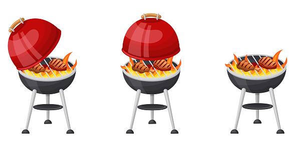 A set of a red-hot barbecue grill, cooking grilled meat with and without a lid. Vector illustration on a white background.