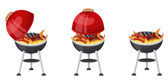 A set of red-hot barbecue grill, cooking meat and sausages on the grill with and without a lid. Vector illustration on a white background.