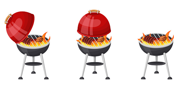 A set of red-hot barbecue grill, cooking meat and chicken on the grill with and without a lid. Vector illustration on a white background.